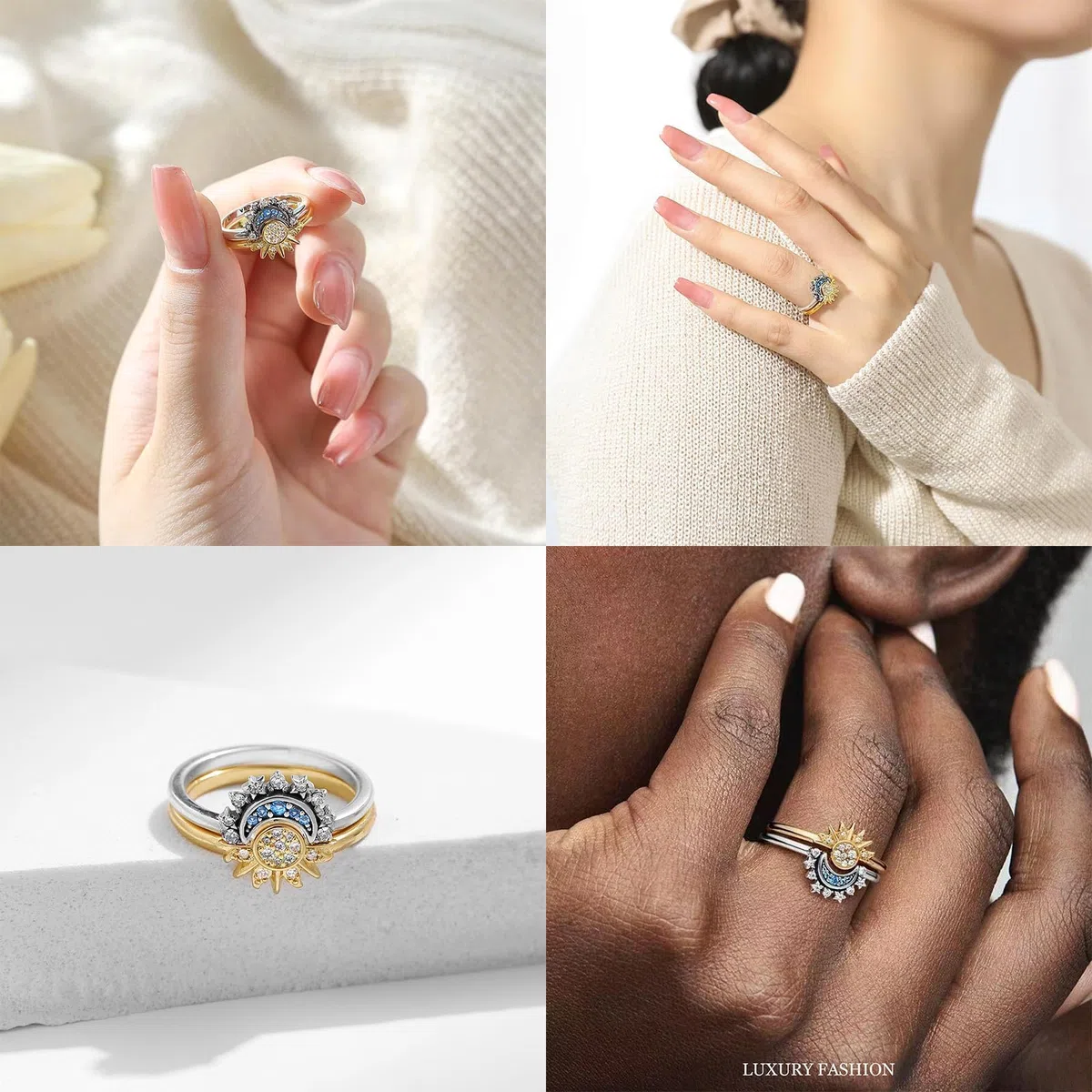 Anelli Sole e Luna in Argento 925 - Set Donna dell'Amicizia Sovrapposti - Migliori Amici Dupes Regali di Gioielleria