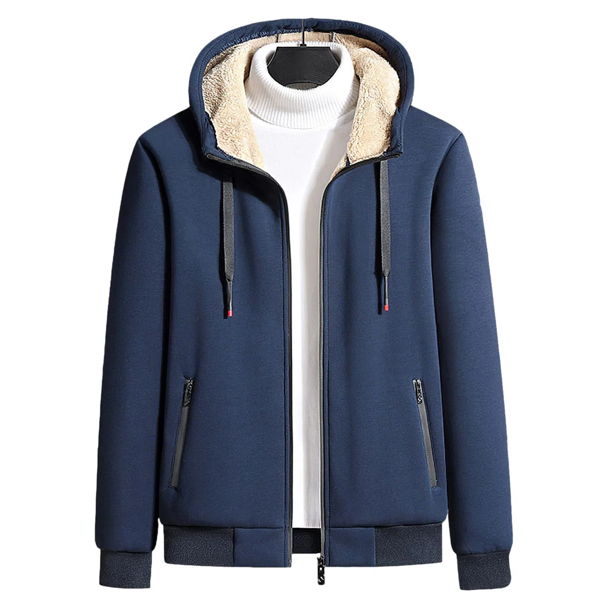 Uomo Inverno Tuta da Ginnastica in Cotone Foderata in Pile Giacca con Cappuccio e Pantaloni Sportivi con Tasche con Zip