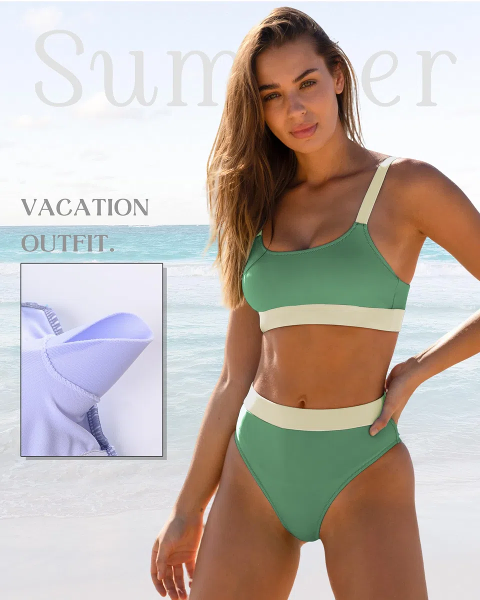 ZINPRETTY Bikini a Vita Alta da Donna, Costume da Bagno Sportivo, Blocco di Colore, Costume da Bagno con Scollo Rotondo