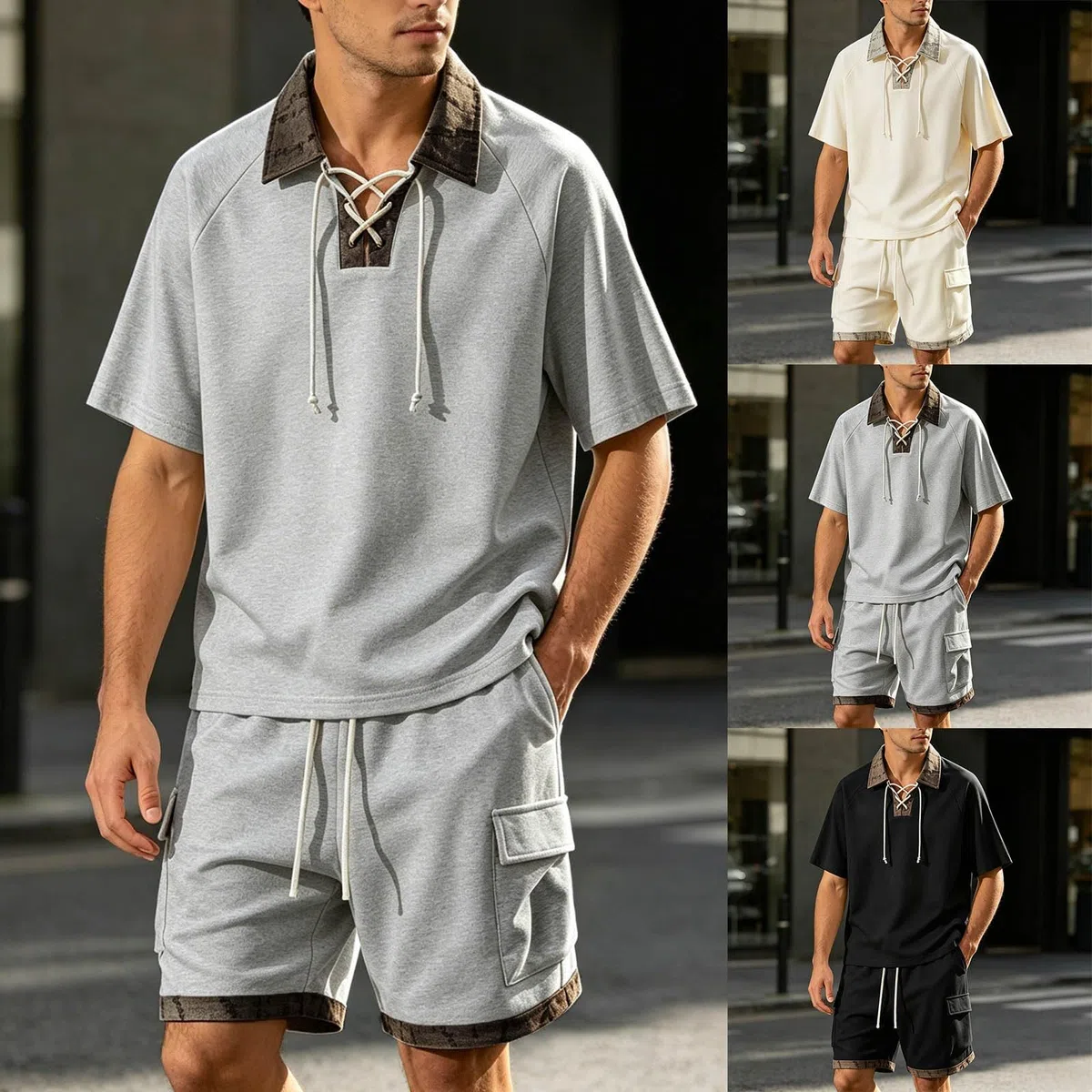 Tuta da jogging da uomo, due pezzi, polo e pantaloncini, con coulisse, estiva, per il tempo libero, abbigliamento sportivo, con risvolto, tuta da allenamento per attività all'aperto