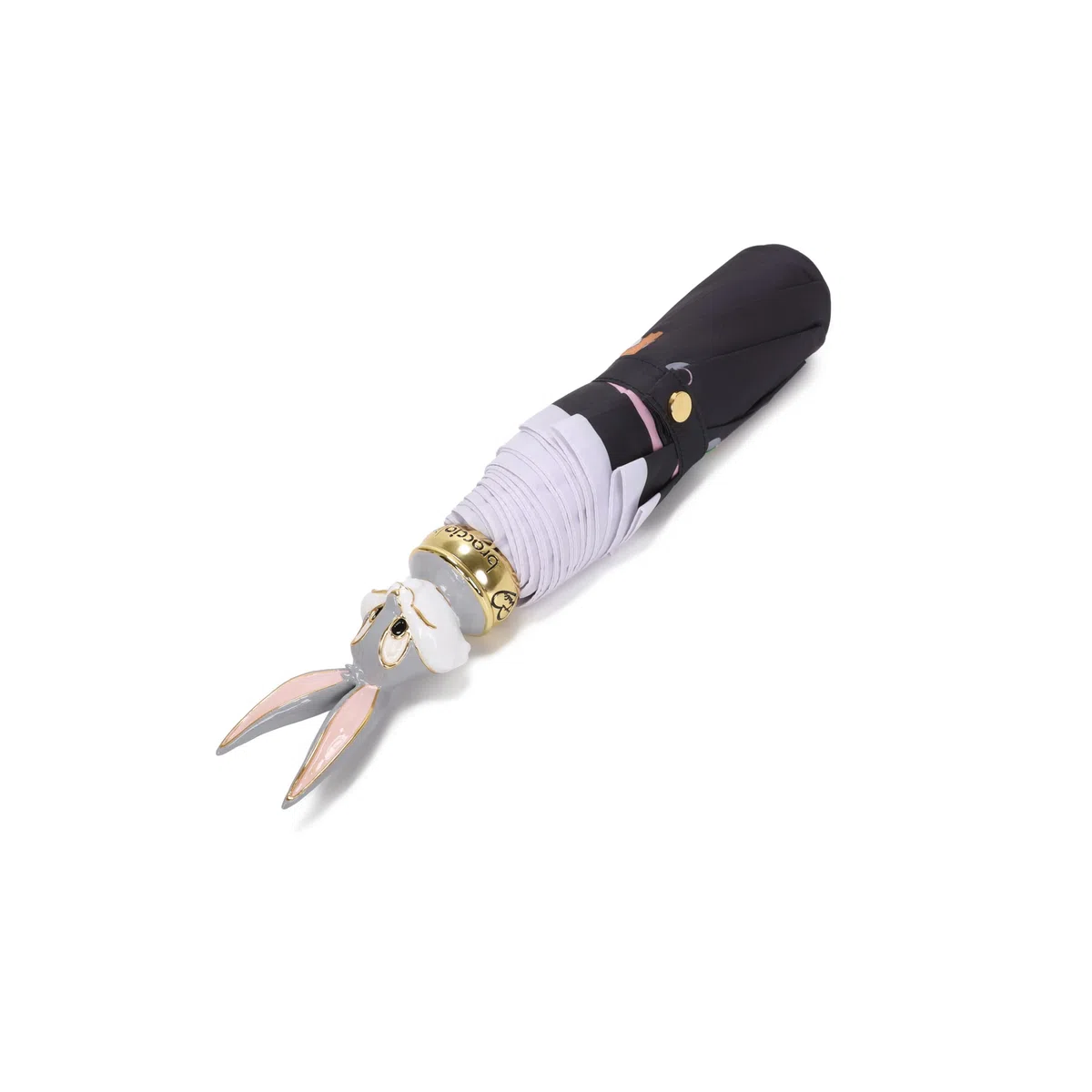 Braccialini Ombrelli Lt Ombrello manuale con impugnatura sagomata a forma di Bugs Bunny. Design romantico su base nera con cuori e grafica di Bugs Bunny. Dettagli rosa a contrasto e logo Looney Tunes