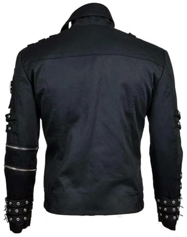 Giacca da uomo in cotone nero stile punk rock MJ - Dettagli con fibbia slim fit e costume da spettacolo sul palco