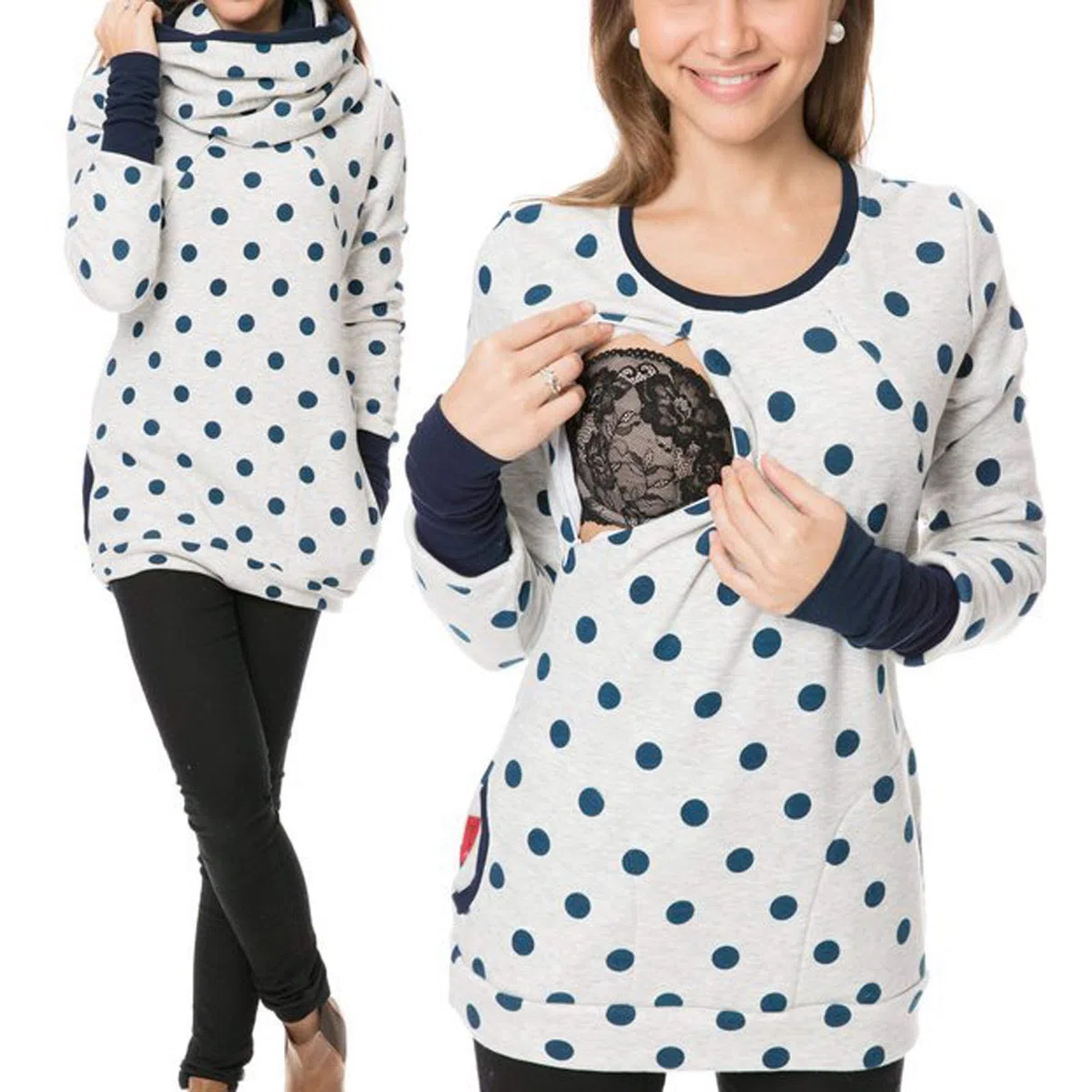 Maglione da donna per allattamento al seno, con cappuccio per maternità, set top