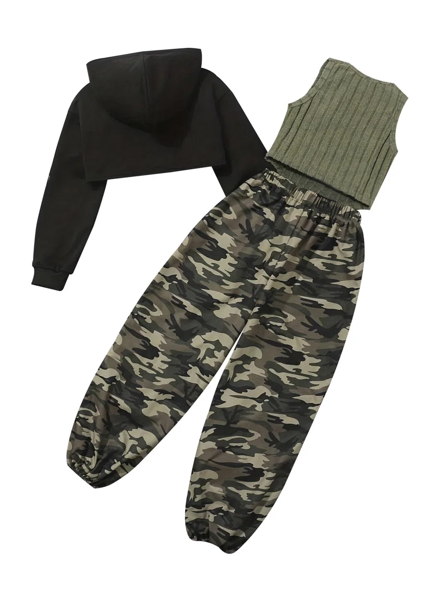 inhzoy Tuta Ginnastica Artistica Bambina 3 Pezzi Hoodie Felpa con Cappuccio + Canotta + Pantaloni Cargo Completo Sportivo da Danza Hip Hop Abito da Ballo di Strada