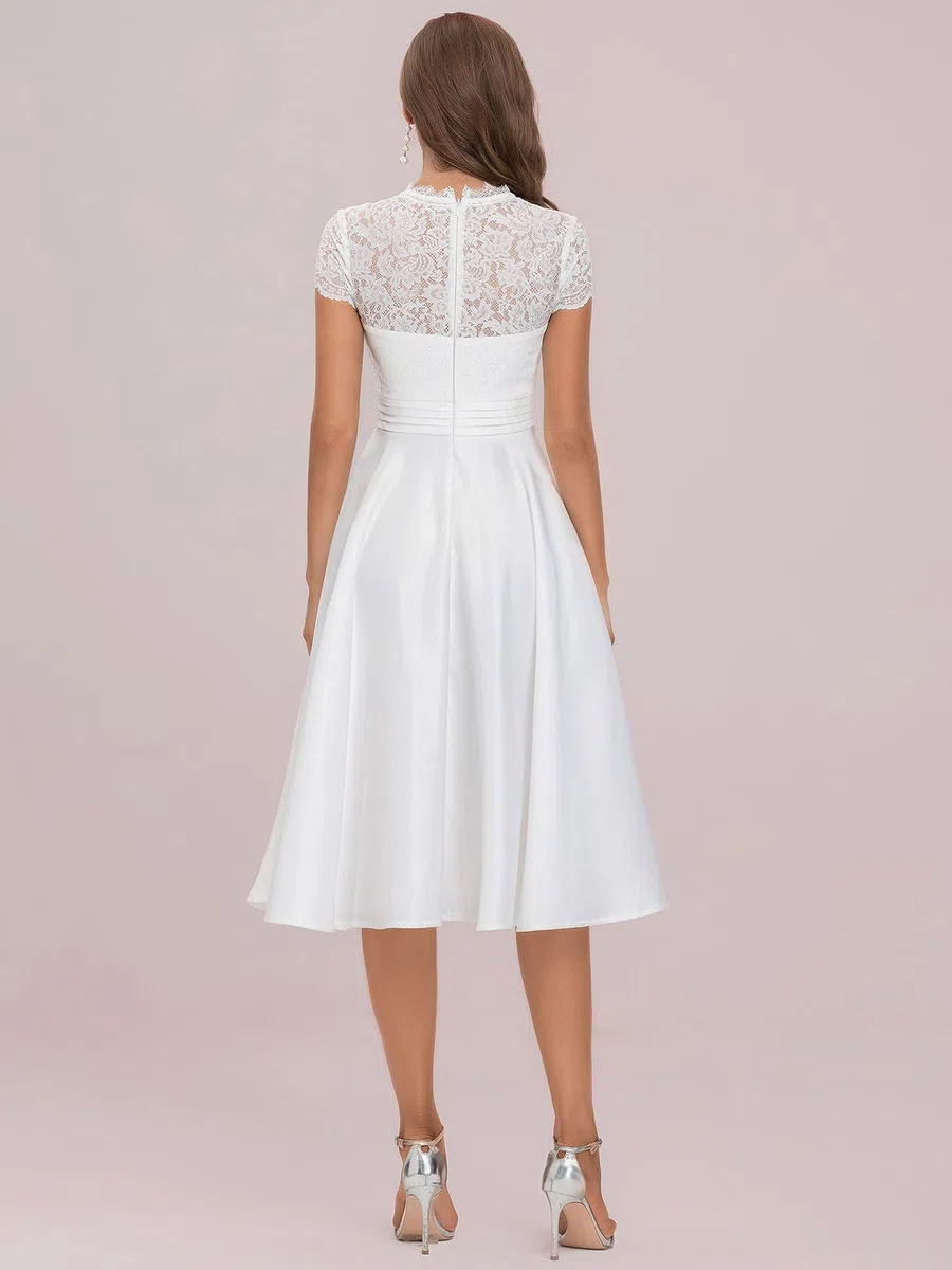 Ever-Pretty Abiti da Damigella Pizzo Maniche Corte Scollo a V Stile Impero Linea ad A Elegante Midi da Donna 40400