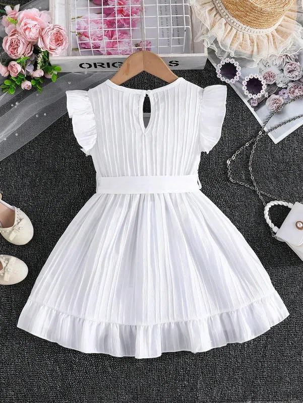 Niren Enterprise Vestito da bambina con volant, maniche a volant, fiocco in vita, elegante abito estivo e per feste di compleanno