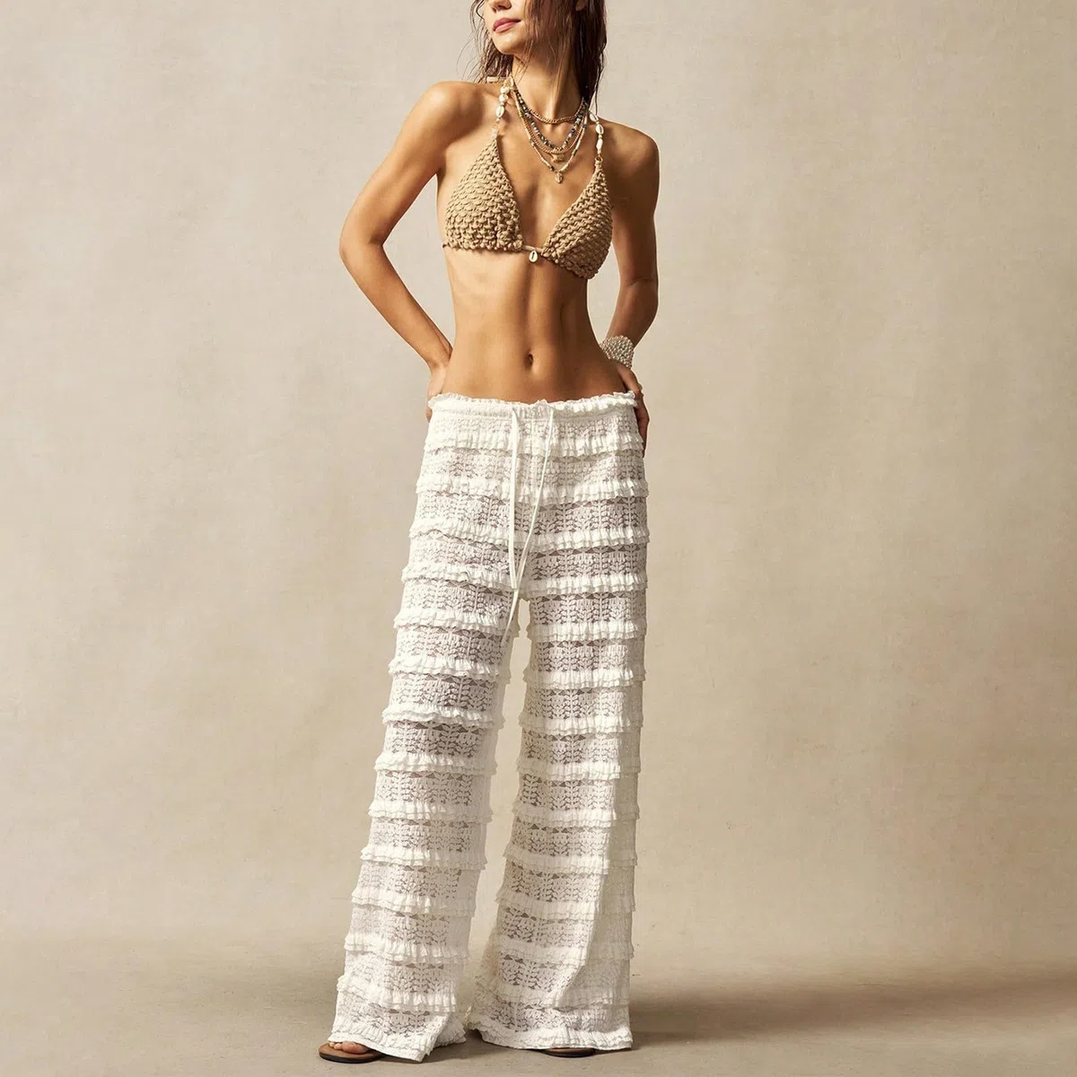 Generisch Pantaloni dritti da donna in tessuto dritto, con lacci in pizzo, per il tempo libero, eleganti pantaloni da lavoro, pantaloni estivi dritta da donna