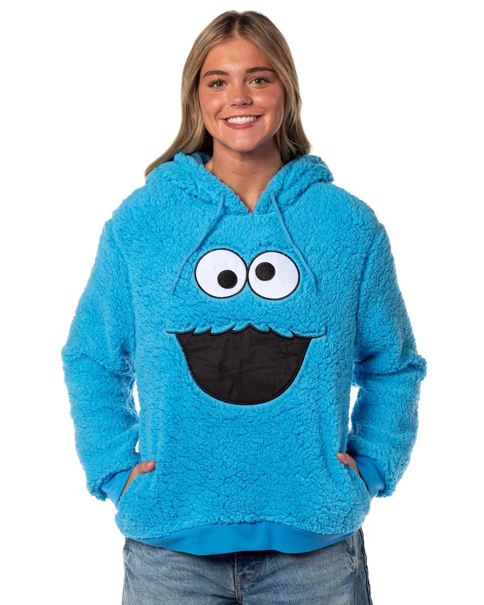 Sesame Street, felpa con cappuccio da donna in pile a maniche lunghe con stampa Cookie Monster ricamata