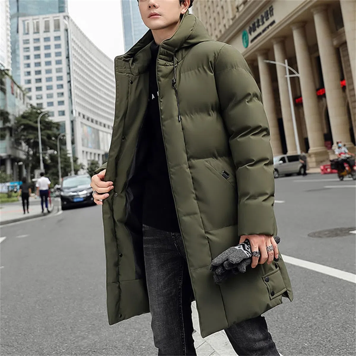 Piumino Lungo Uomo Invernale Caldo Piumino Trapuntato con Cappuccio Parka Zip Spesso Cappotto Invernale Giacca Termica da Uomo