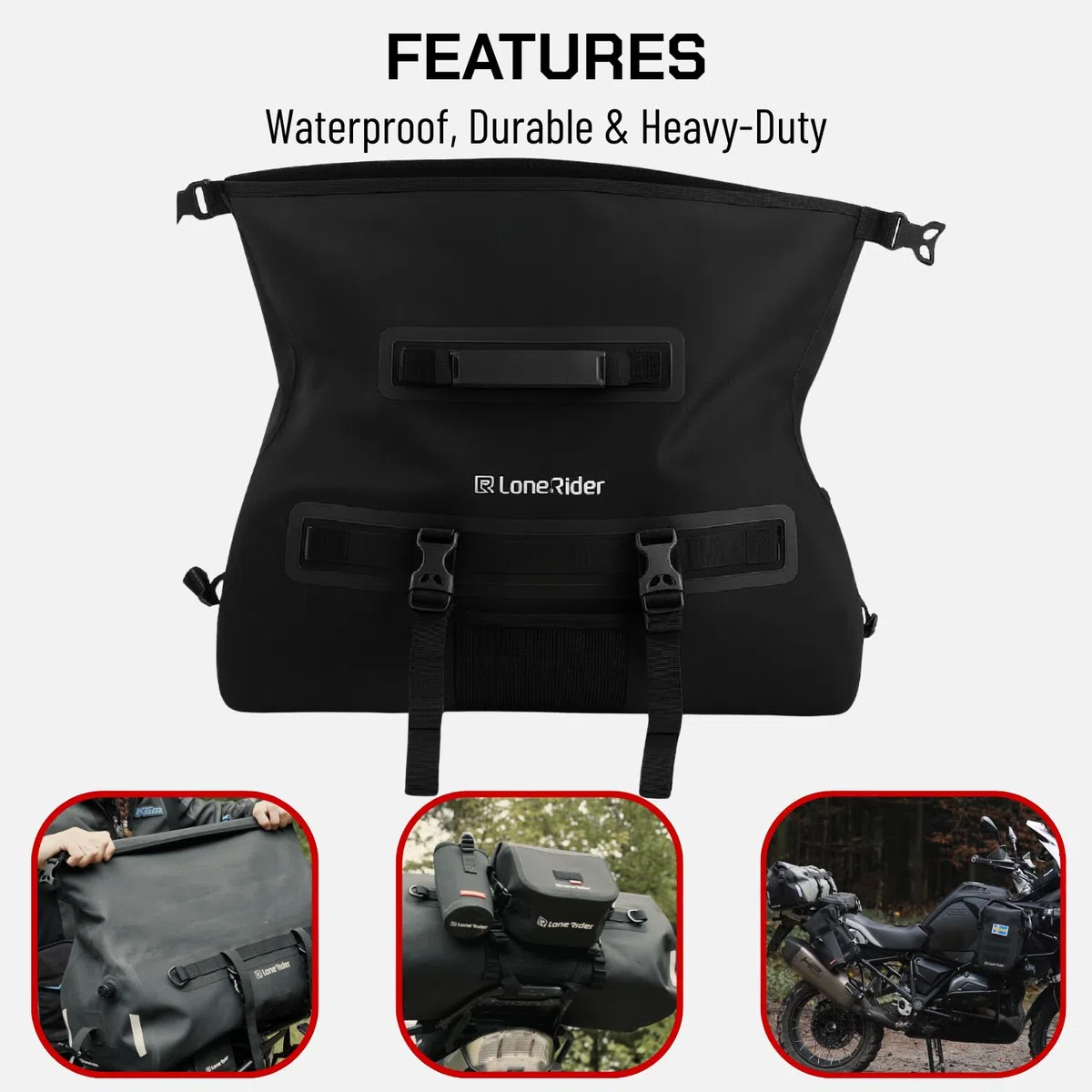 Lone Rider Borsone Impermeabile 50 L per Moto, Antipolvere e Arrotolabile, per Campeggio e Kayak, TPU 600D con Cuciture Saldate, Valvola dell'Aria, Pannelli MOLLE e Cinghie a Sgancio Rapido