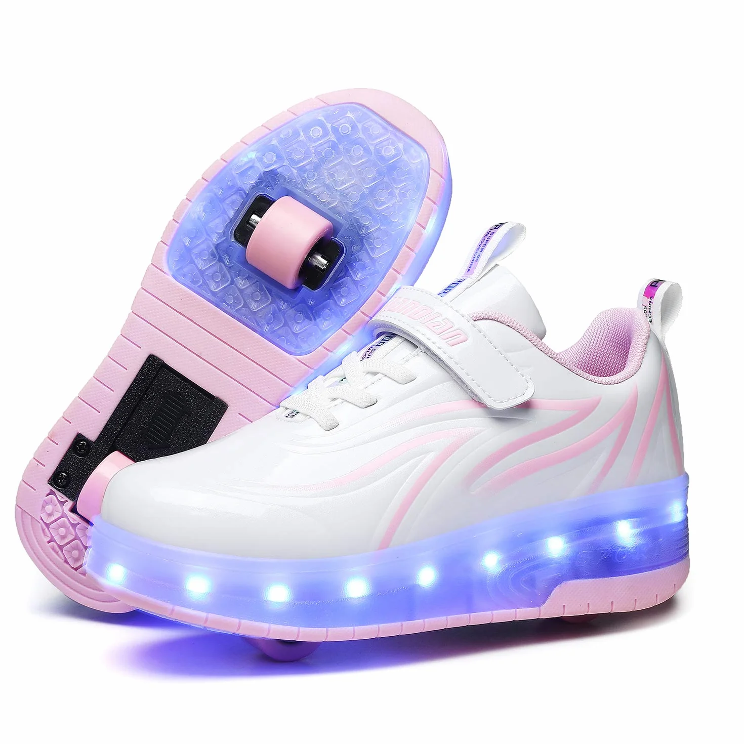 Unisex Kinder USB Wiederaufladbar/LED Licht Skateboardschuhe mit Doppelrad Rollen/Fitnessschuhe Gymnastik Outdoor Sport Running Sneaker
