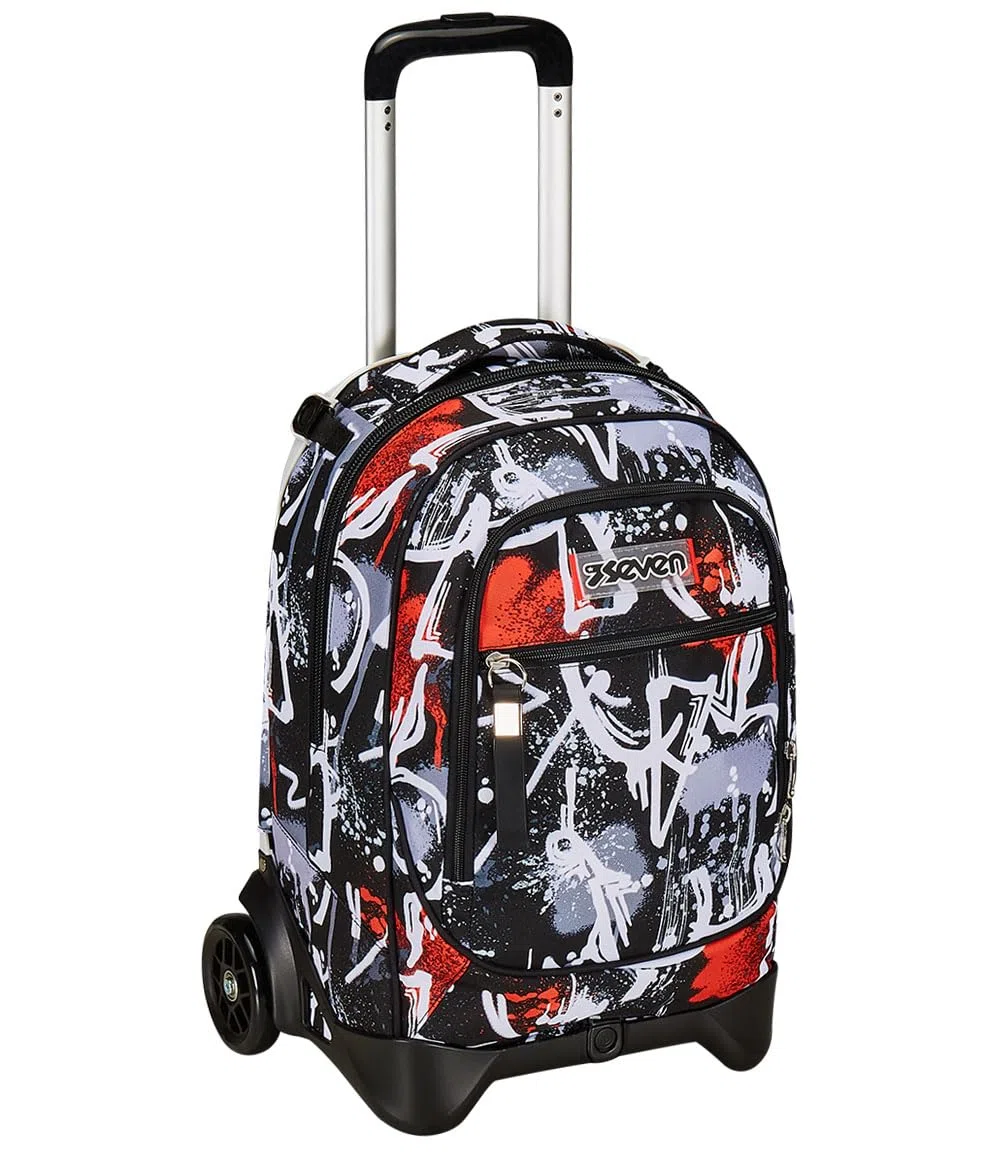 Seven Trolley New Tech, 2 Ruote, Spray Me, Nero, 3 in 1, Triplo Uso, Zaino con carrello sganciabile, Zaino Scuola Viaggio, Bambino Ragazzo.