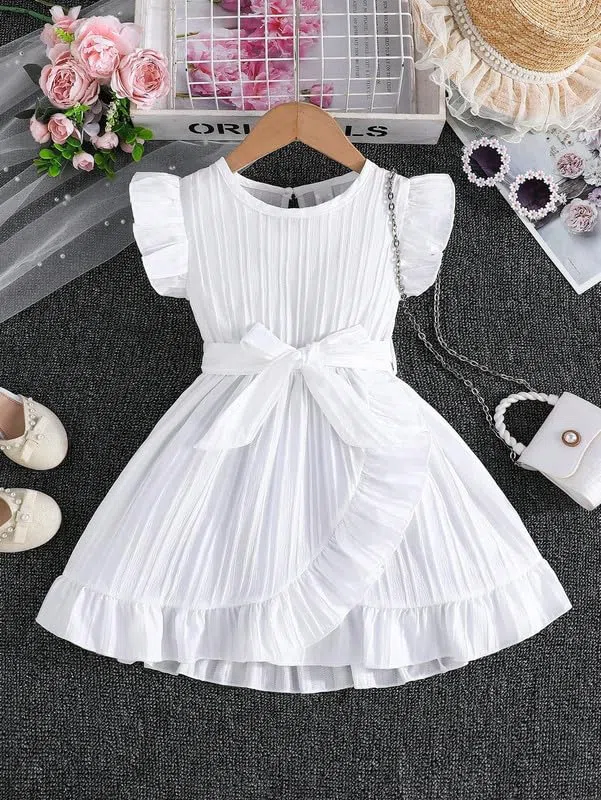 Niren Enterprise Vestito da bambina con volant, maniche a volant, fiocco in vita, elegante abito estivo e per feste di compleanno