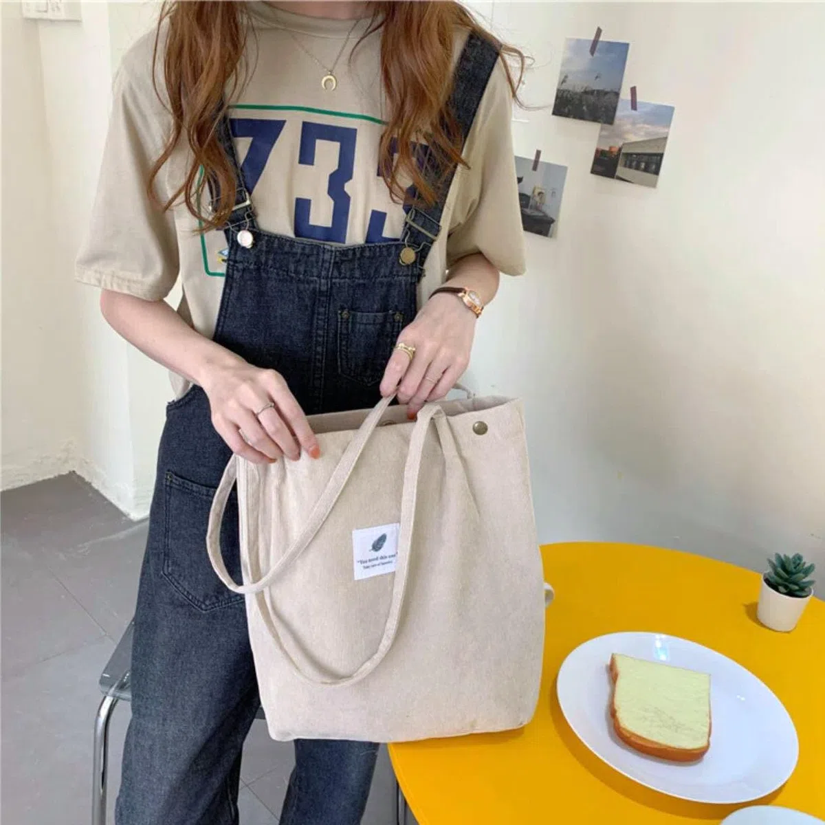 KEYRI Borsa a tracolla in velluto a coste, da donna, borsa a tracolla, grande, riutilizzabile, grande capacità, borsa per la spesa con borsa a tracolla interna, per scuola, università, viaggi, lavoro,