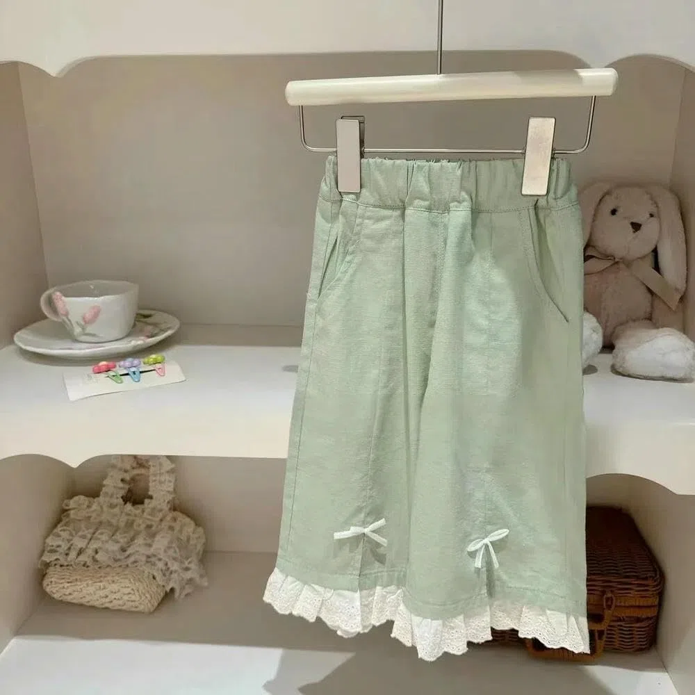 SLJYM Pantaloni dritti per bambini e ragazze, autunno con fiocco in pizzo, pantaloni lunghi larghi casual con elastico in vita per bambini