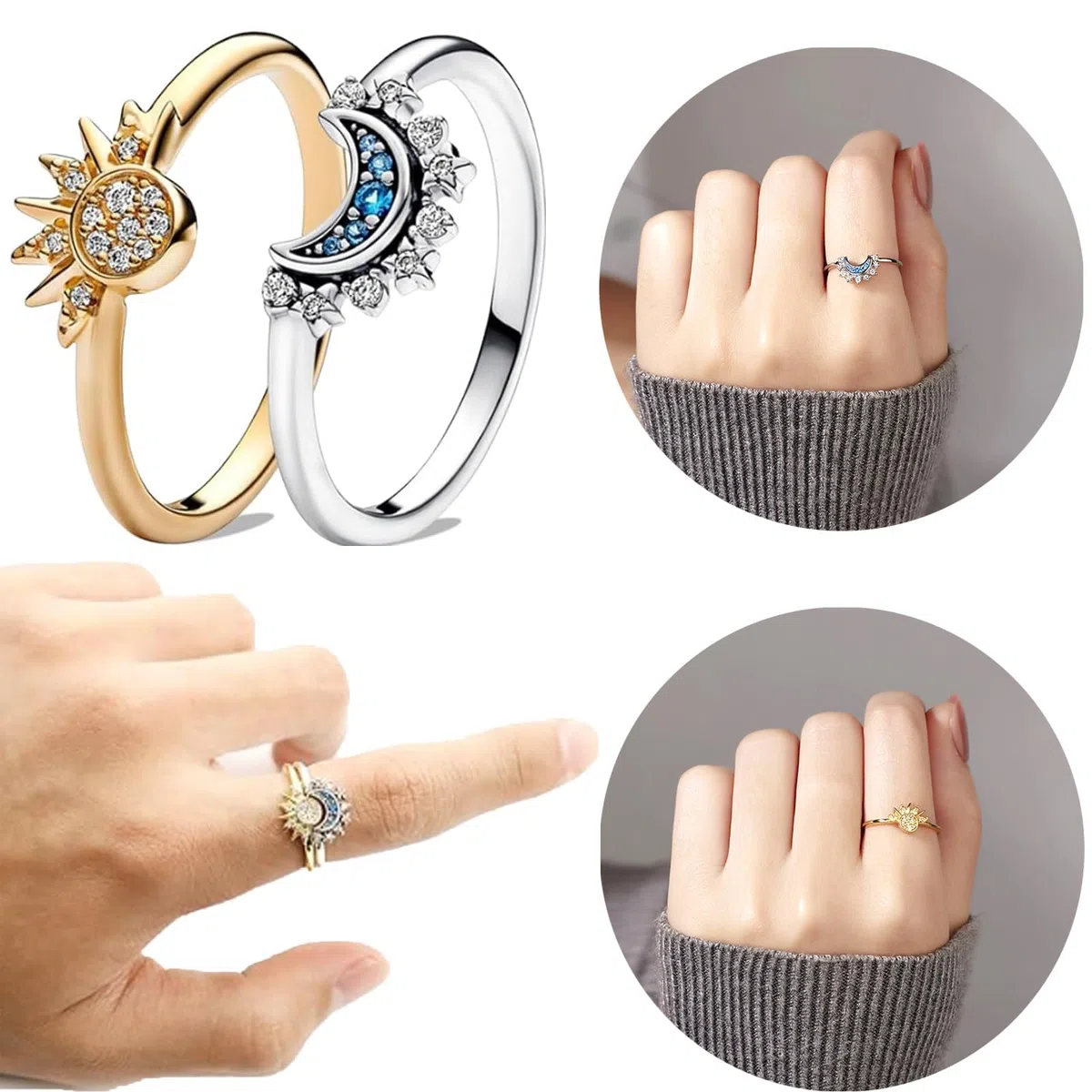 Anelli Sole e Luna in Argento 925 - Set Donna dell'Amicizia Sovrapposti - Migliori Amici Dupes Regali di Gioielleria