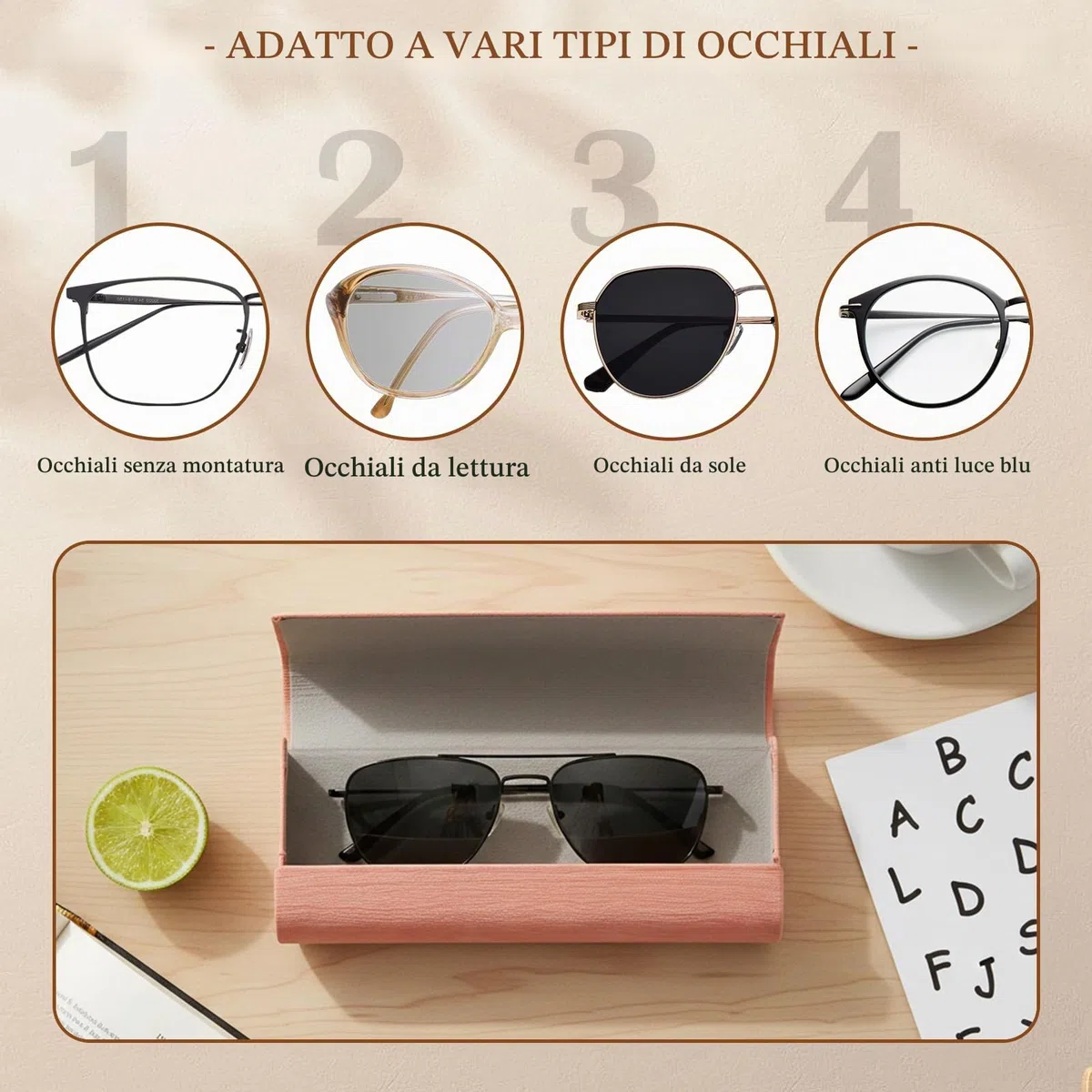 Custodia Occhiali Rigida, 4 Pezzi Portaocchiali Astuccio Rigido con Panno Pulizia, 15.5x6x3cm Portatile Porta Occhiali da Vista per Donna Uomo, Scatola per occhiali in Pelle PU Premium