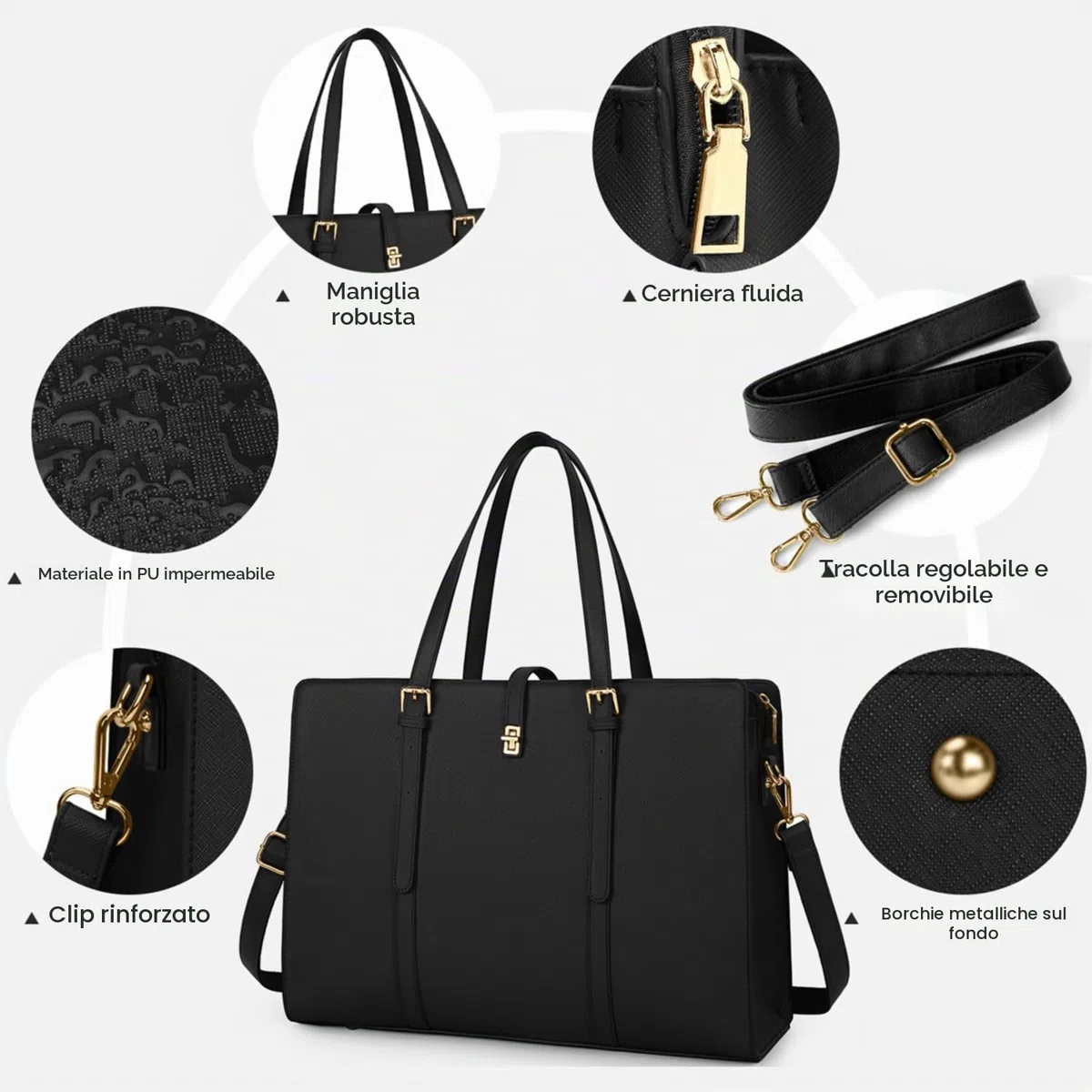 IGOLUMON Grande Borsa Lavoro Donna Porta PC 15.6 Pollici per PC Computer Impermeabile Università Scuola Tote a Tracolla Shopper in Pelle PU per Business Nero