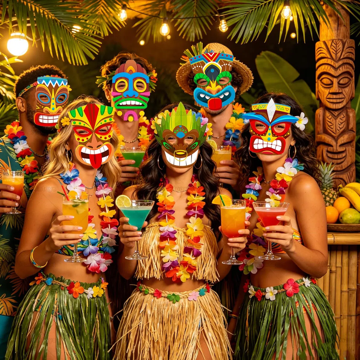 Set di 12 Maschere Tiki per Feste Hawaiane - Maschere Polinesiane Tropicali per Luau, Carnevale, Halloween, Feste in Spiaggia e Costumi