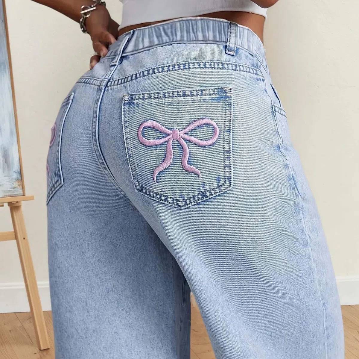 WWricotta Pantaloni, Jeans A Gamba Dritta A Vita Alta per Ragazze con Fiocco Ricamato, Casual Carini per L'uso Quotidiano, Comodi in Denim Larghi per Adolescenti, Confortevole E Stiloso