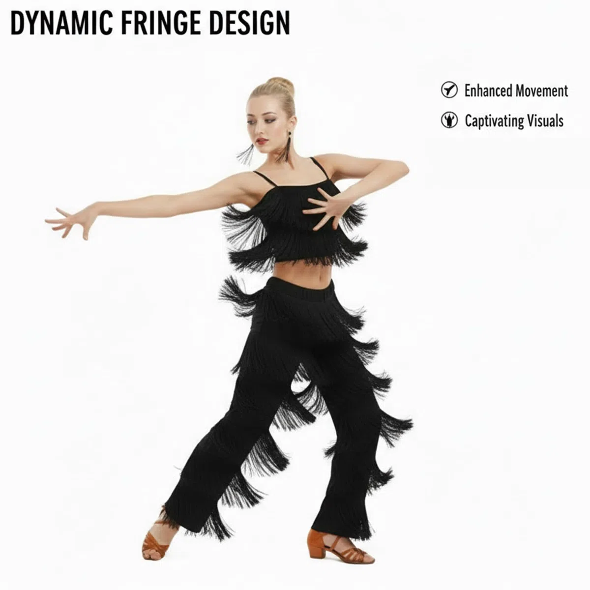 Set da Ballo con Frange da Donna Top e Pantaloni Lunghi 2 Pezzi Abbigliamento Ballo per Latino Salsa Bachata