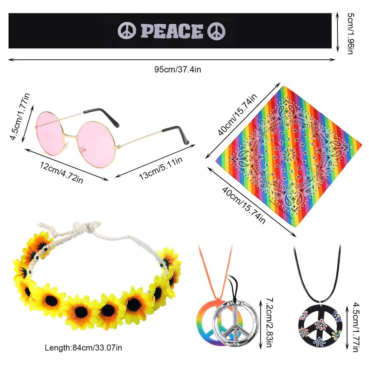 TSHAOUN Set di 9 costumi hippie, tra cui occhiali da sole rotondi, collana con girasole e fascia colorata hippie per feste anni '70 e '80