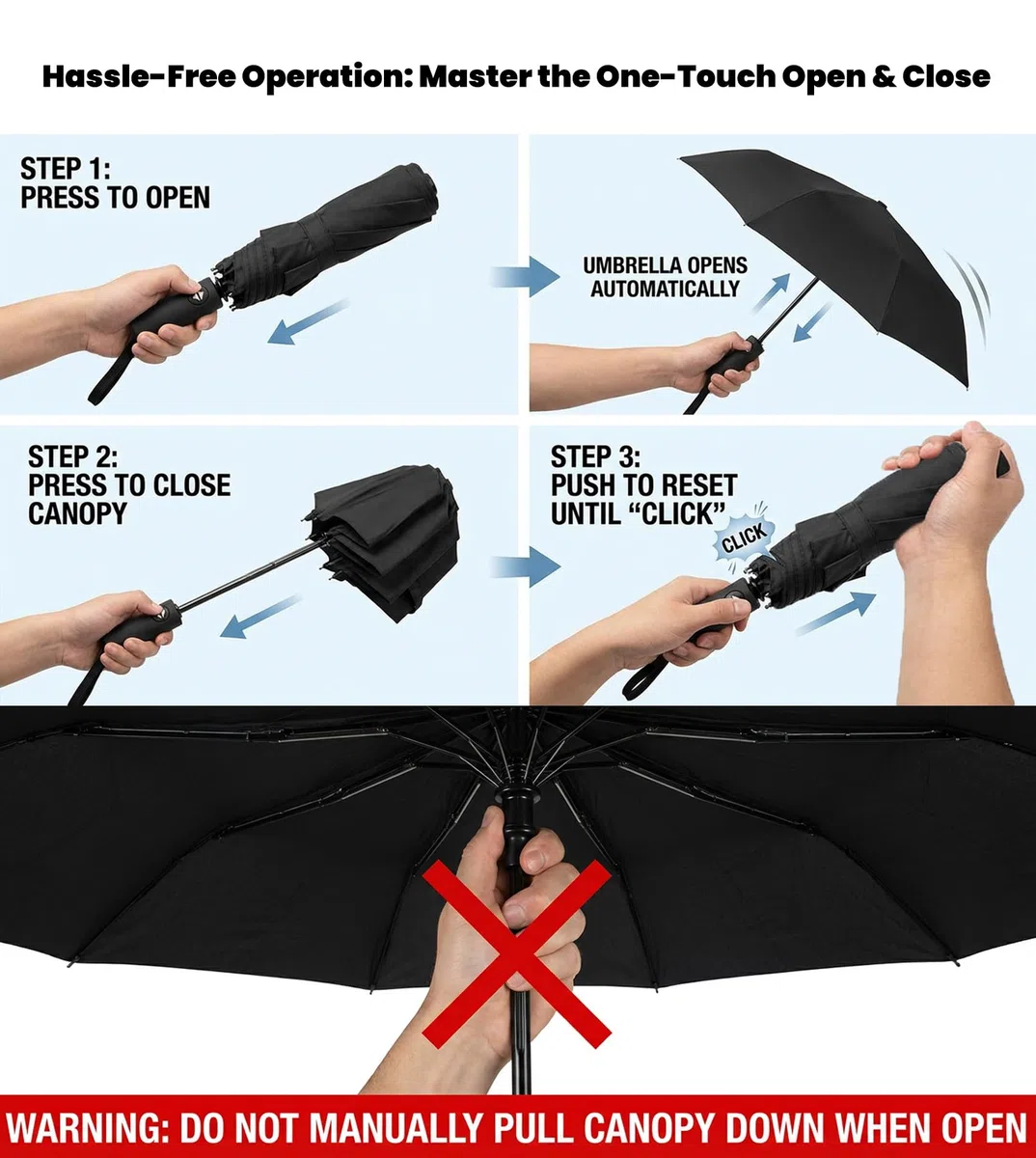 SIEPASA Ombrello compatto da viaggio, antivento, 8 costole, anti-UV, impermeabile, pieghevole, con rivestimento in telfon, un pulsante per apertura e chiusura automatica (blu navy)