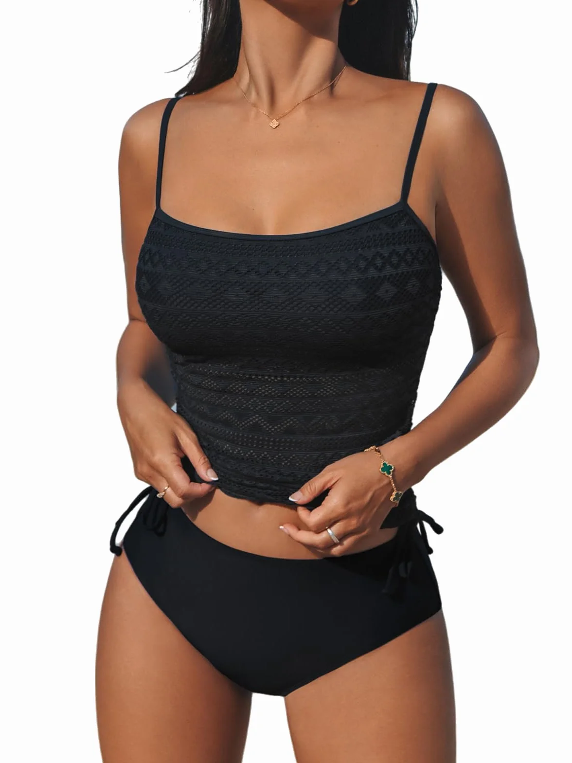 CUPSHE Tankini da donna Set due pezzi costume da bagno quadrato collo in rete costume da bagno regolabile spalline sottili coulisse costume da bagno