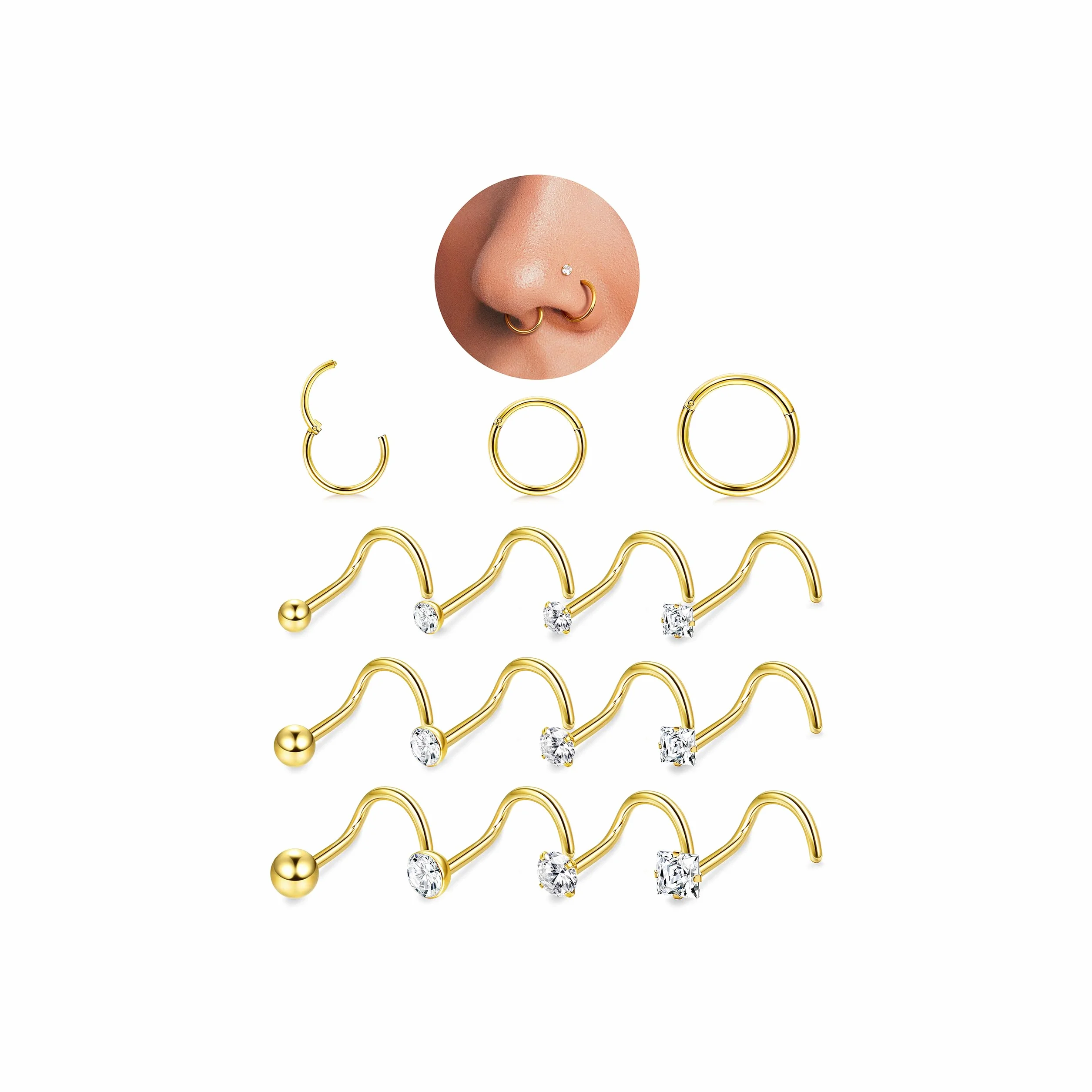 FIOROYAL 20G Piercing Naso Placcato in Oro 14K,L Spirale Piercing Naso Acciaio Chirurgico,18G Piercing Naso Cerchio Anello,CZ Piercing Naso Brillantino,6/8/10mm Orecchini Naso,Nostril Piercing Oro
