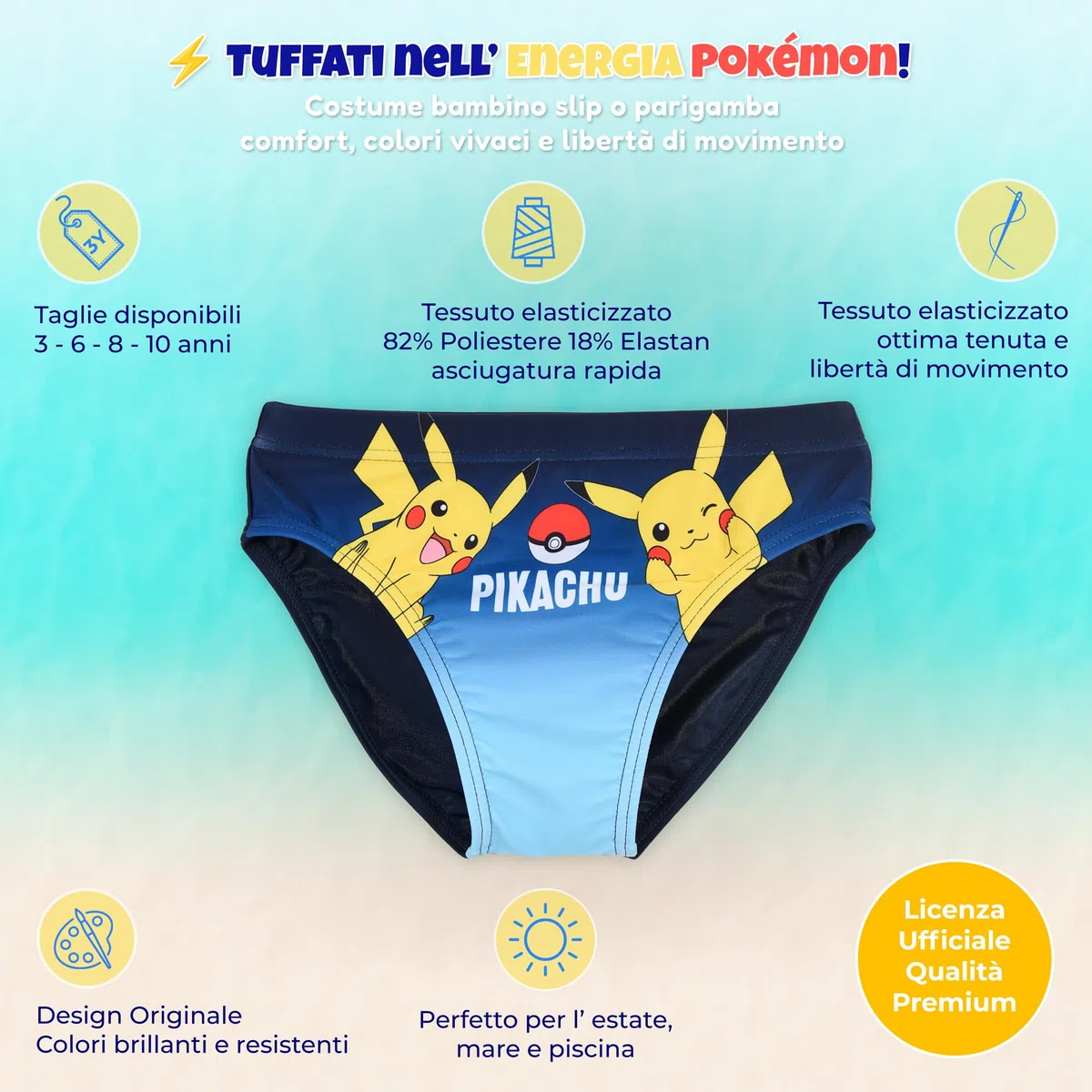 Pokémon Costume Mare Bambino Boxer Slip Parigamba Ufficiale Pantaloncino Surf o Costume Piscina Elastico 4-10 Anni Estate Mare