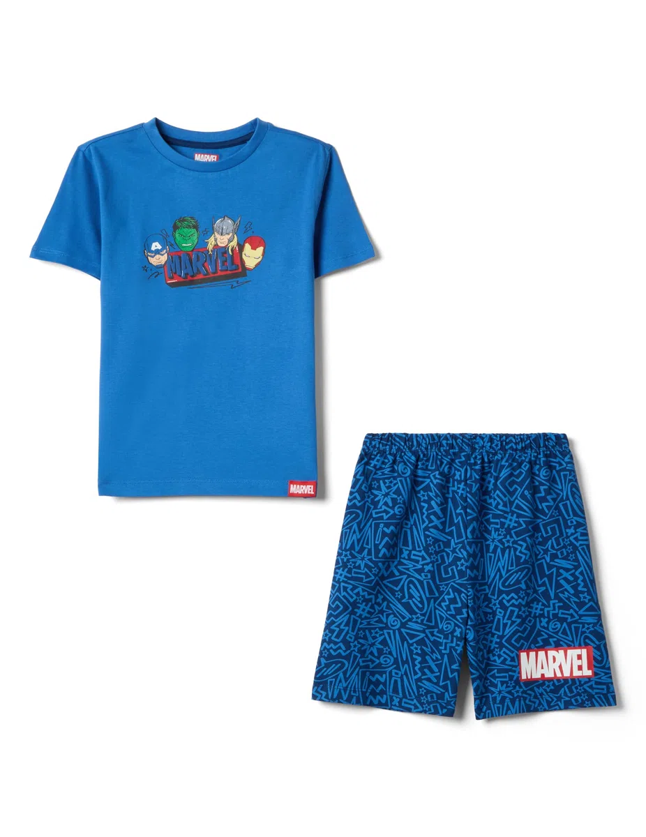 OVS Kids Pigiama Corto in Puro Cotone Blu da Bambino con Stampe Marvel