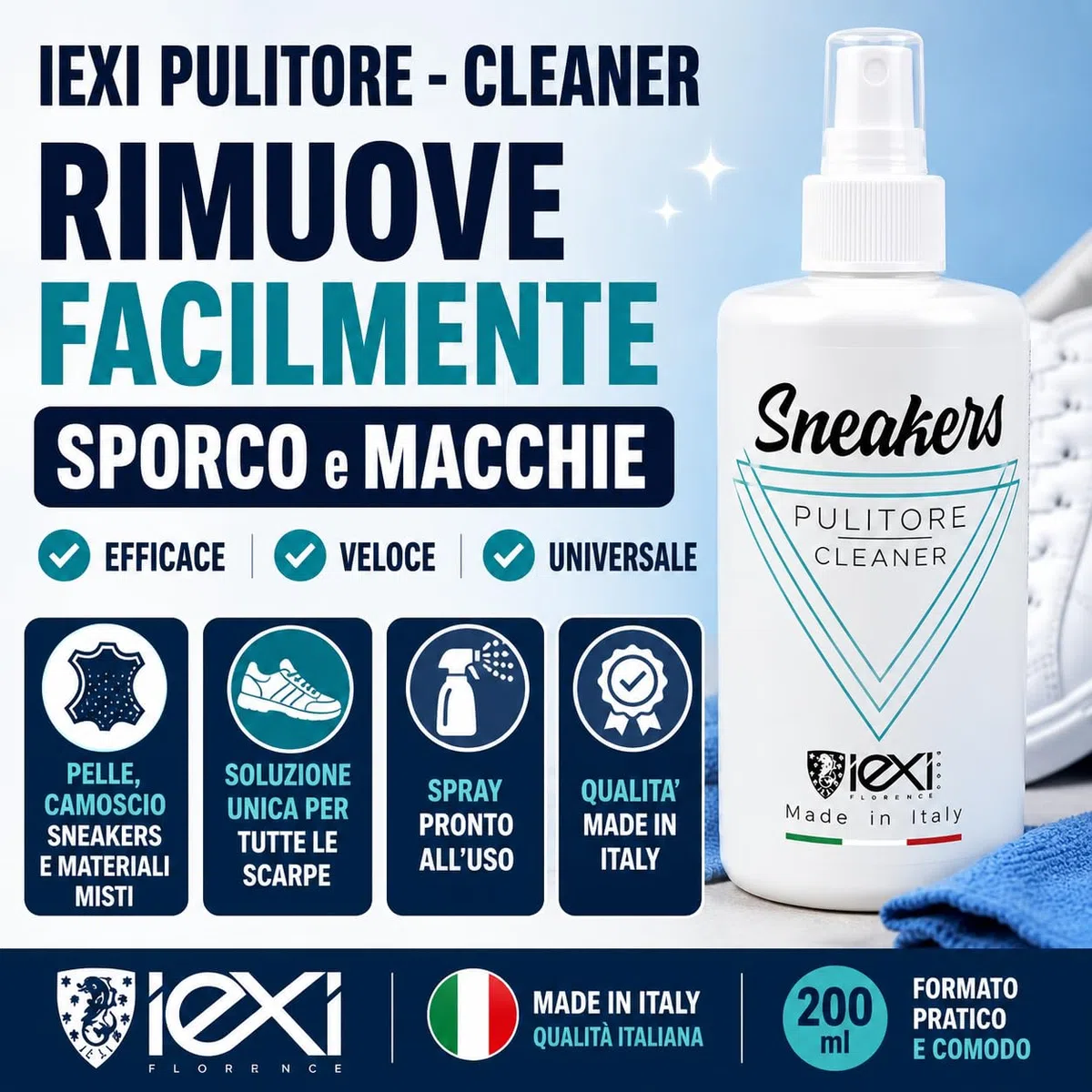 IEXI Pulisci Scarpe Universale, Pulitore e Detergente Spray, Made in Italy - Detergente per Tutte le Scarpe: Pelle, Camoscio, Materiali misti, Sneakers e Trekking - Pronto all'uso Rimuove Macchie
