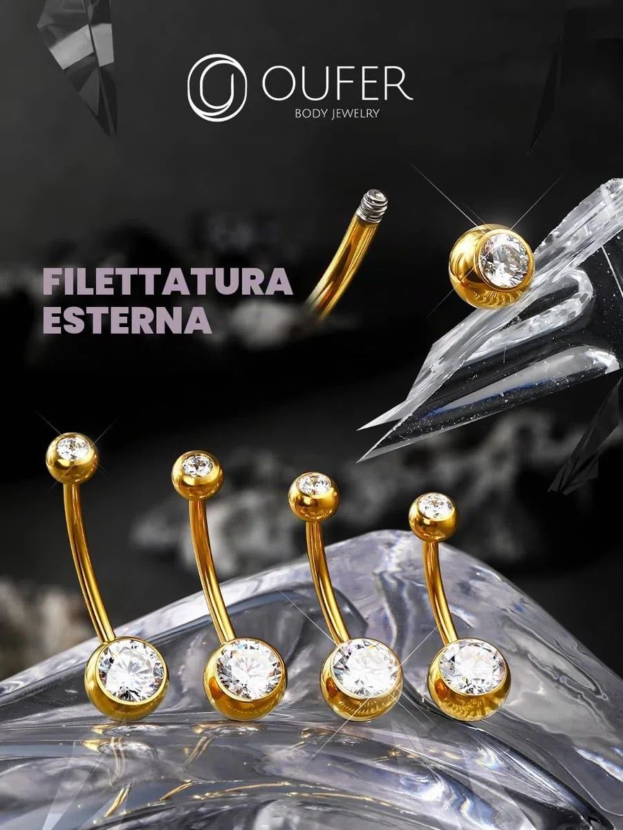OUFER Piercing per Ombelico, in Titanio, per Ombelico, a Sfera, in Oro, con Doppia Gemma, per Donna, Uomo, 8, 10, 12, 14, 16 mm