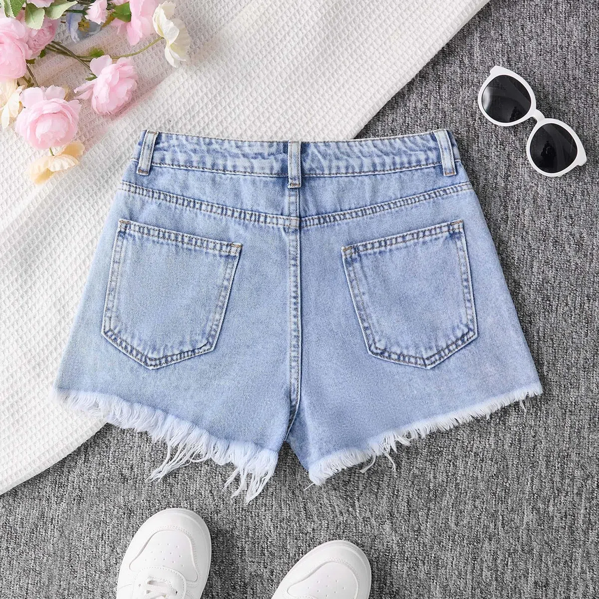 Jeans Pantaloncini da Ragazza a Vita Alta con Corti Strappati Fiocco Shorts Denim per Ragazze, Moda Y2K Streetwear Corti a Gamba Larga Pantaloncini per Bambini 12-16 Anni con Quotidiano Casual