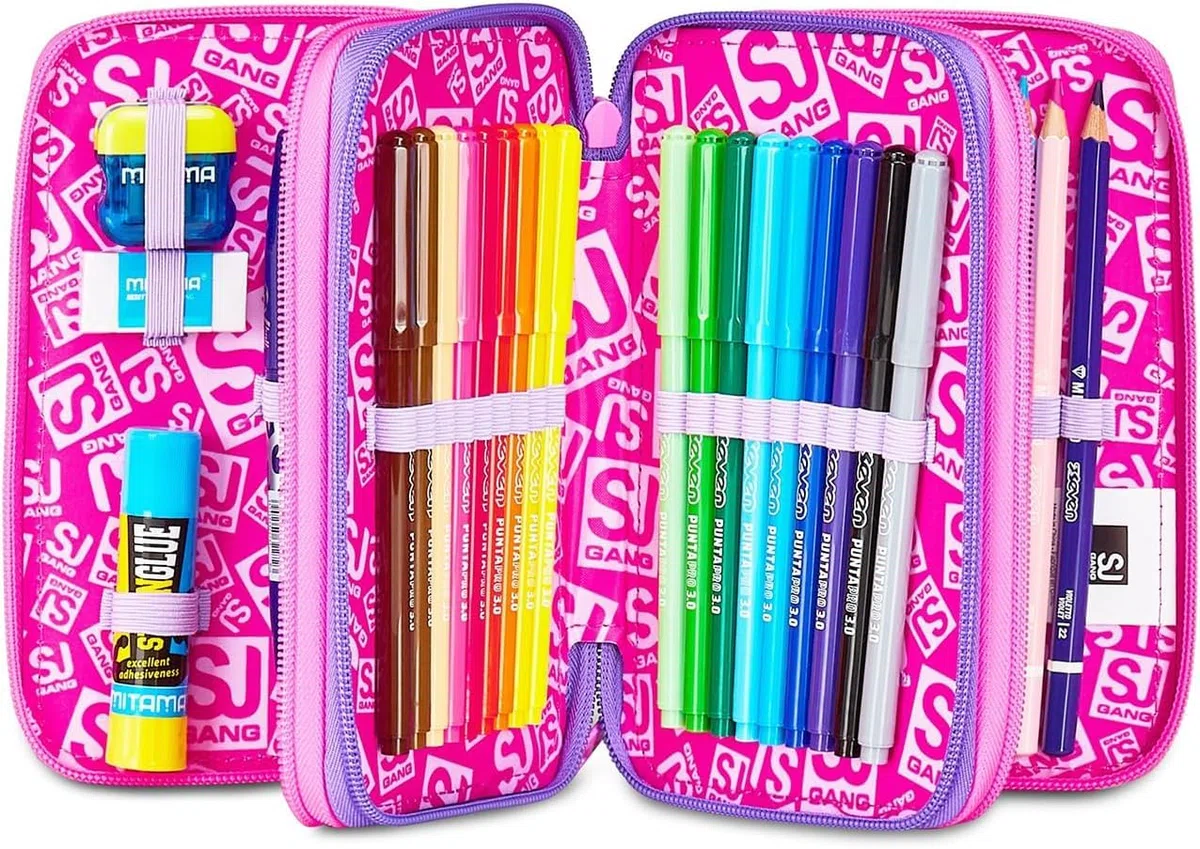 SJ Gang Set Scuola Unicorno, Zaino con Doppio Scomparto, Astuccio 3 Zip, Diario, Borraccia e Ombrello, Rosa e Viola