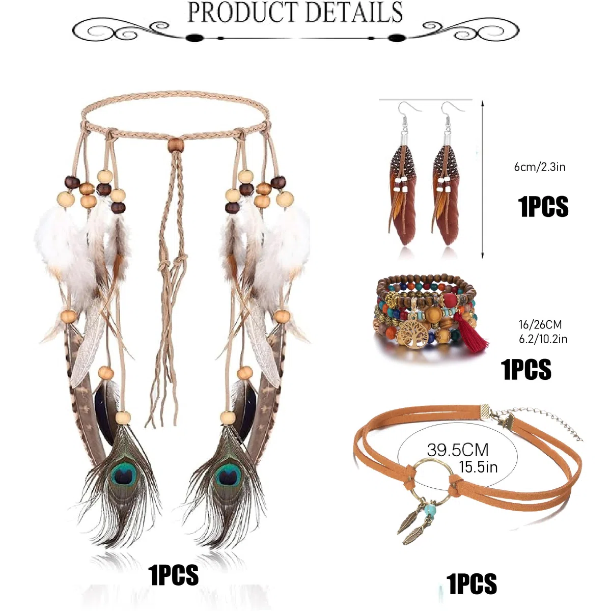 Set di 4 Accessori Hippie Boho, Fascia per Capelli A Piume, Abbigliamento Anni '70 da Donna, Vintage Boho Hippie con Fascia per Capelli E Collana B