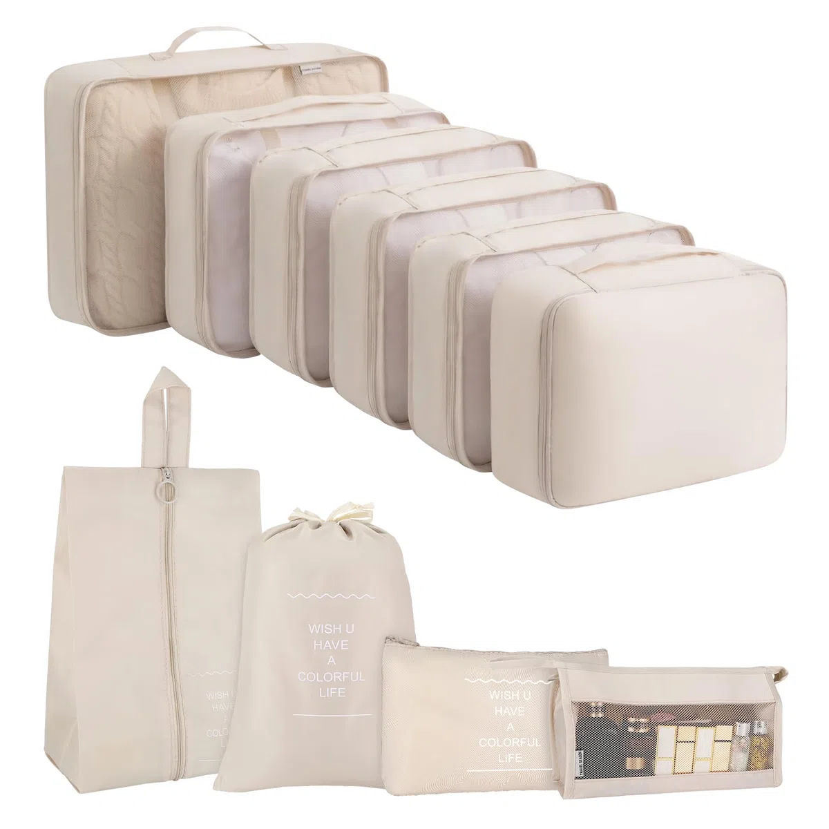 10 Pezzi Organizer Valigia Salvaspazio (Beige) – Set Packing Cubes, Organizer Valigie per Viaggi, Accessori Utili per Vacanze e Classificazione Abbigliamento Intimo e Calzature