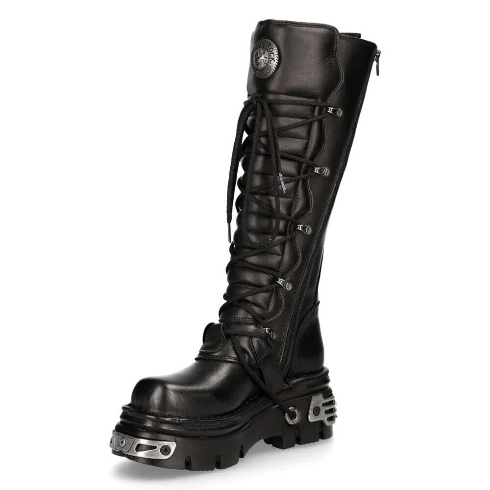 New Rock Stivali Alti fino alle Ginocchia 272-S1 in Pelle Nera Metallizzata con Chiusura con Lacci e Fibbia Stile Emo Gotico