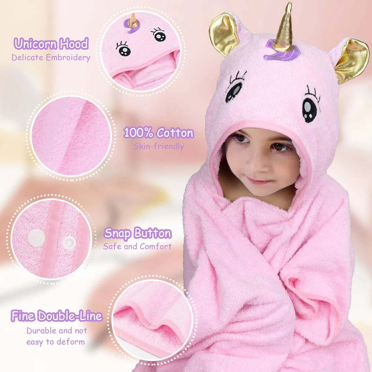 Poncho Asciugamano Bambina Unicorno Accappatoio Cotone Bimba, per Piscina, da Bagno, Mare, Regalo Bambina 1-5 anni