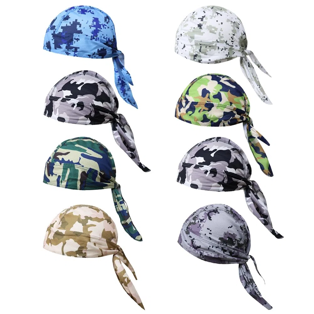 8Pcs Do Rag Skull Cap per uomo donna sudore traspirante Doo Rag casco fodera raffreddamento cappello moto ciclismo copricapo bandana beanie cappello, Motivo mimetico., 3-8