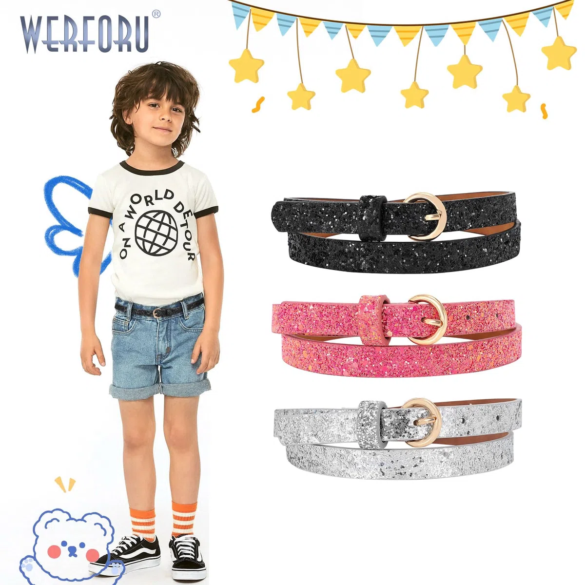 WERFORU Cintura skinny per bambini con glitter in pelle PU cintura per ragazze colorate con fibbia in oro per abiti jeans