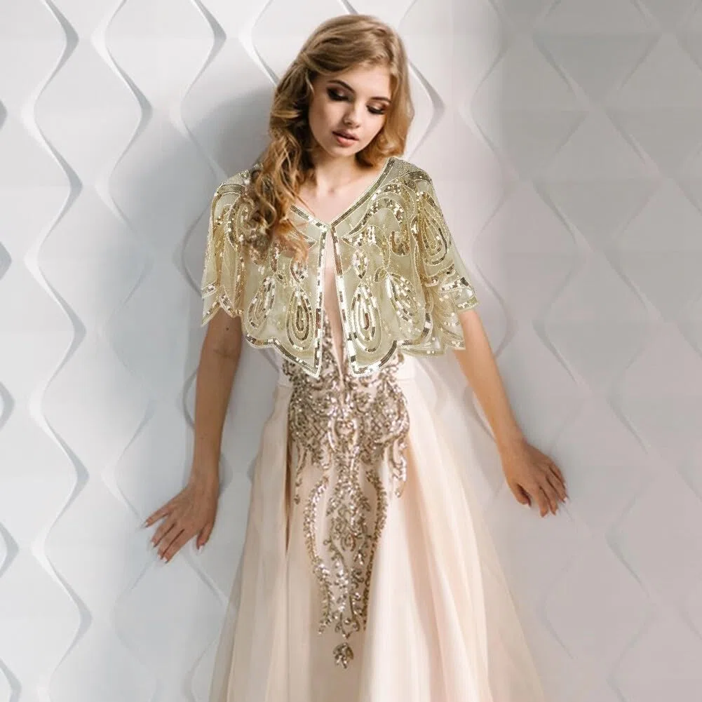 Scialle da Donna Ricamato con Glitter Paillettes Sciarpa Gatsby da Donna Anni '20 Stola Retrò per Abito da Sera Stole Vintage con Paillettes per la Festa Nuziale Serale di Nozze