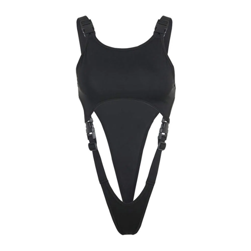 Body con Cinturino Tagliato Estivo con Fibbia sulla Spalla Senza Maniche Sexy Body Donna Pagliaccetti Rave,L_Nero
