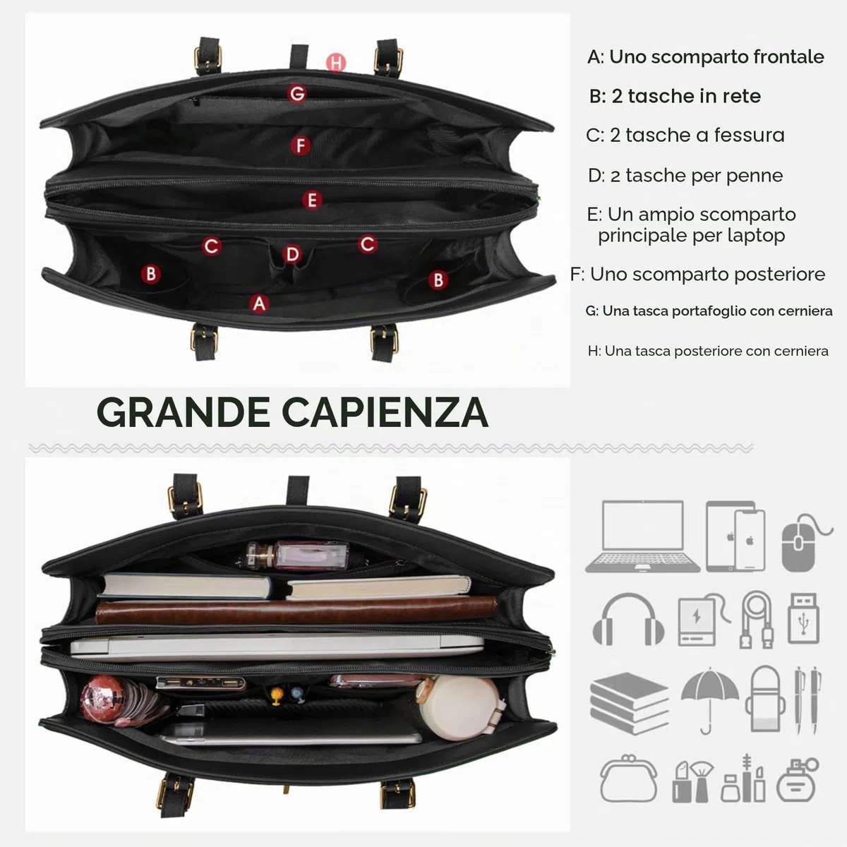 IGOLUMON Grande Borsa Lavoro Donna Porta PC 15.6 Pollici per PC Computer Impermeabile Università Scuola Tote a Tracolla Shopper in Pelle PU per Business Nero