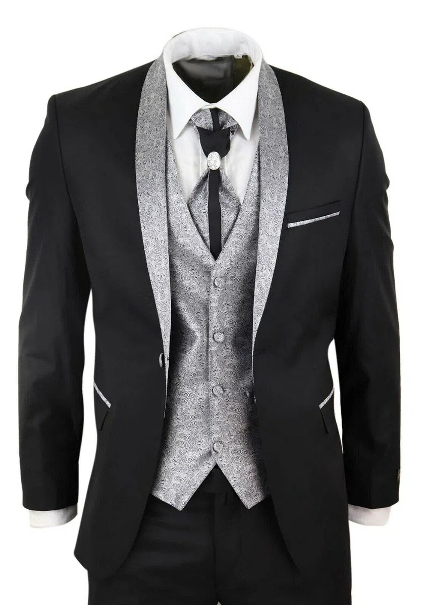 Tru Clothing Abito Completo Nero da Sposo con Chiusura a 2 Bottoni in 4 Pezzi con Colletto a Scialle e Cravatta, vestibilità su Misura, Stile Classico