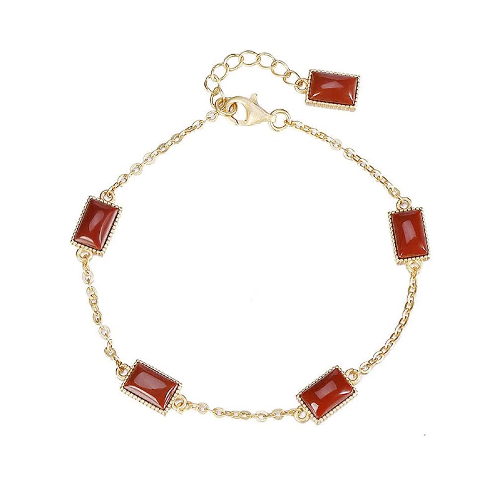 Girls Accessories Bracciale in Argento Sterling 925 Vintage per Donna Semplice Placcato in Oro Agata Rossa Geometria Gioielli Classici Fascino Spiaggia Estiva Birthday Gift