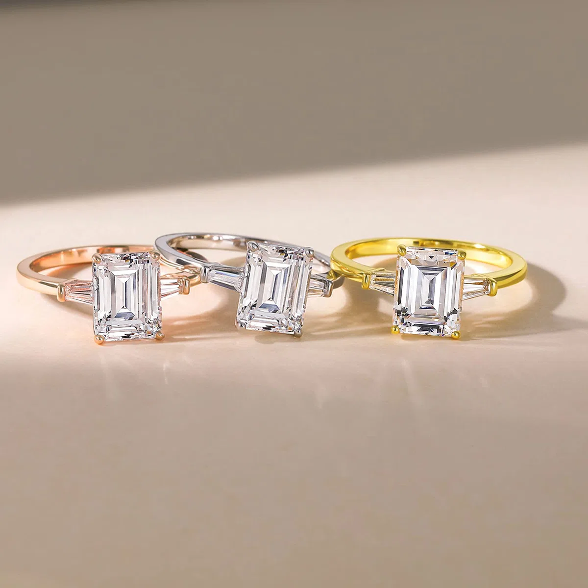 EAMTI 3CT 925 Sterling Silver Engagement Rings 3-Stone Emerald Cut Cubic Zirconia CZ Wedding Promise Rings for Her Wedding Bands for Women Size 3-11