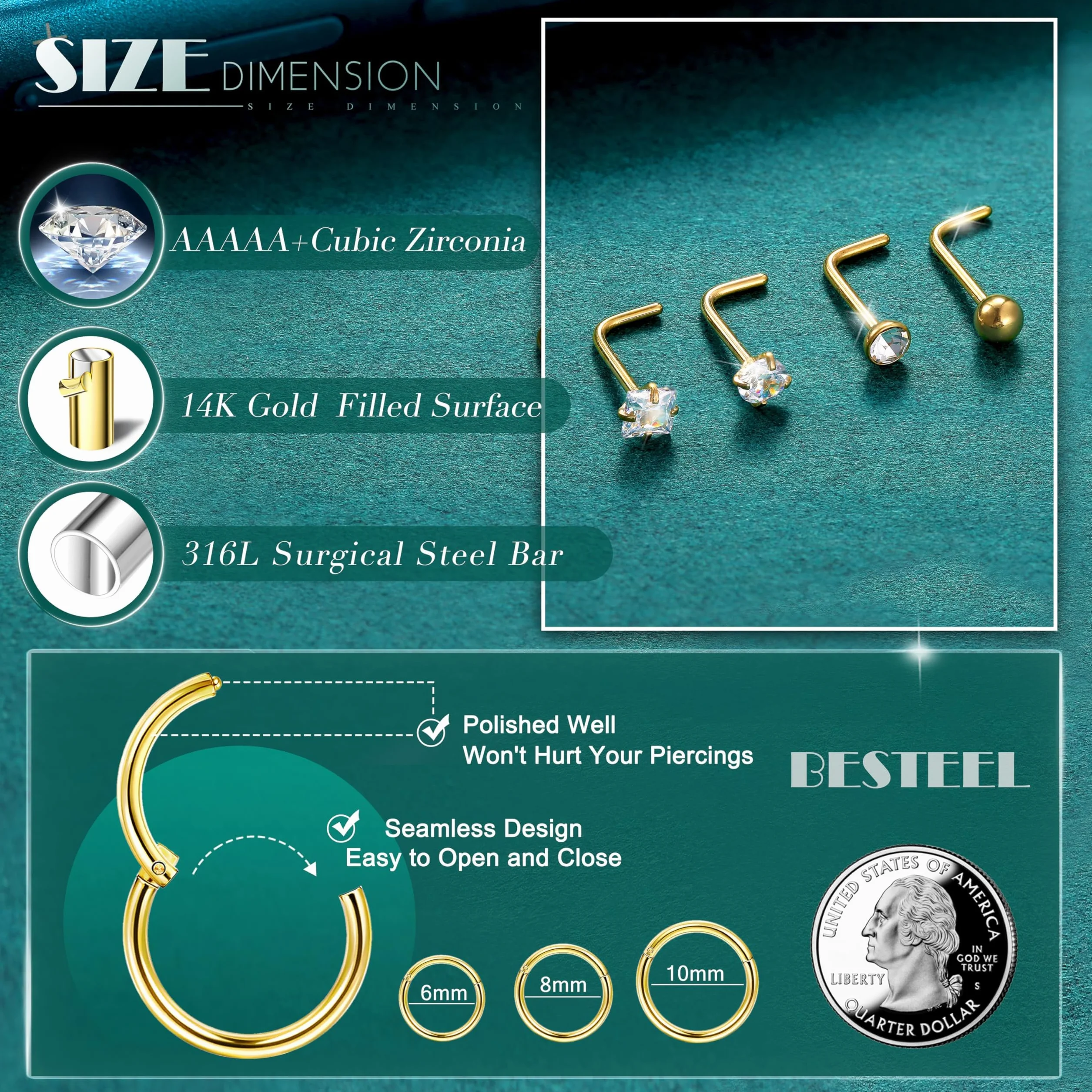 FIOROYAL 20G Piercing Naso Placcato in Oro 14K,L Spirale Piercing Naso Acciaio Chirurgico,18G Piercing Naso Cerchio Anello,CZ Piercing Naso Brillantino,6/8/10mm Orecchini Naso,Nostril Piercing Oro