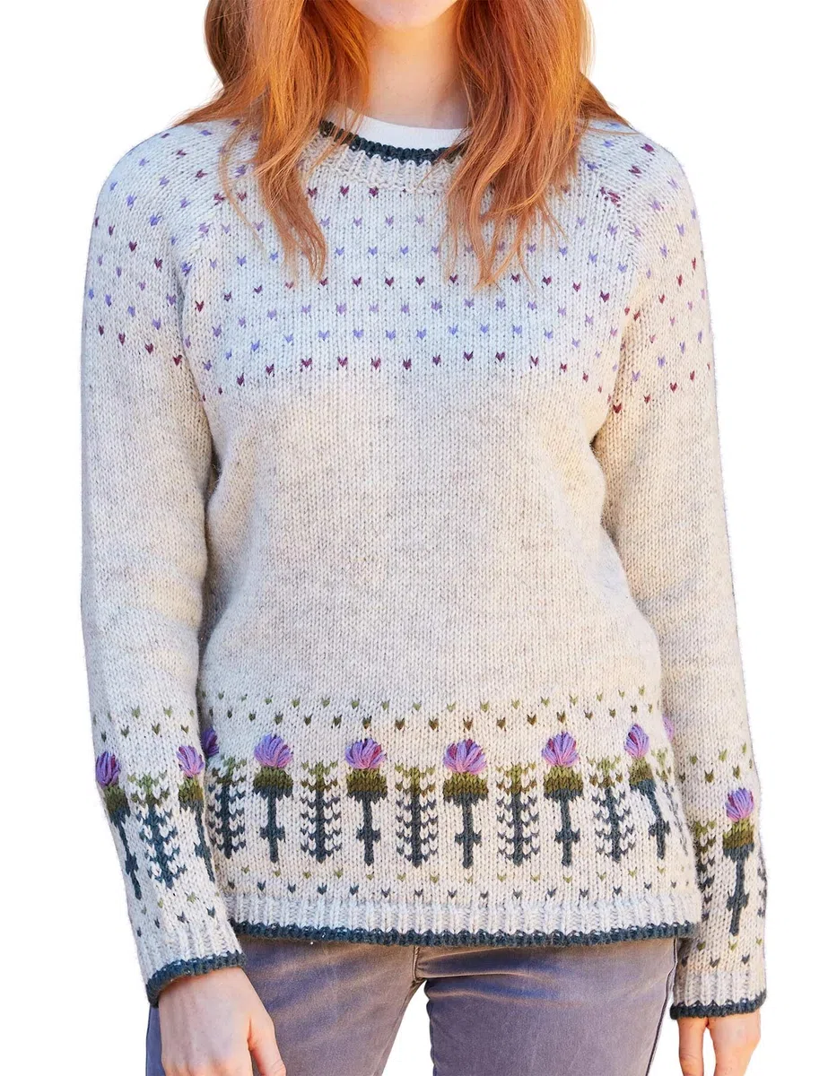 Pachamama Maglione da donna in lana lavorato a mano con cardo scozzese color farina d'avena fatto a mano spesso caldo pullover maglione commercio equo e