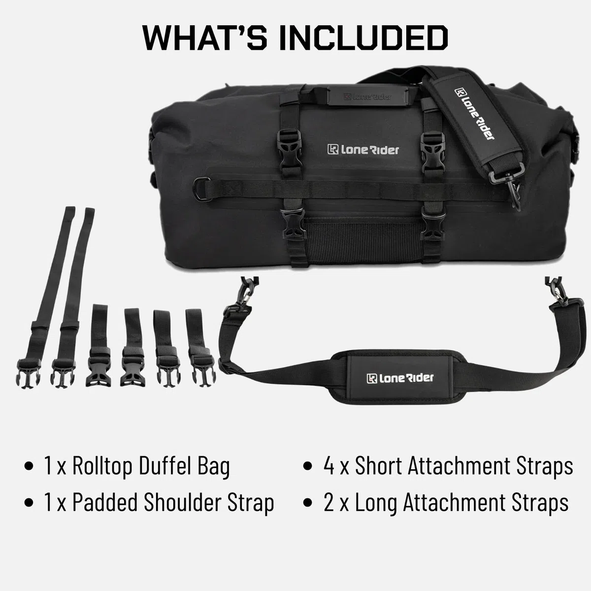 Lone Rider Borsone Impermeabile 50 L per Moto, Antipolvere e Arrotolabile, per Campeggio e Kayak, TPU 600D con Cuciture Saldate, Valvola dell'Aria, Pannelli MOLLE e Cinghie a Sgancio Rapido